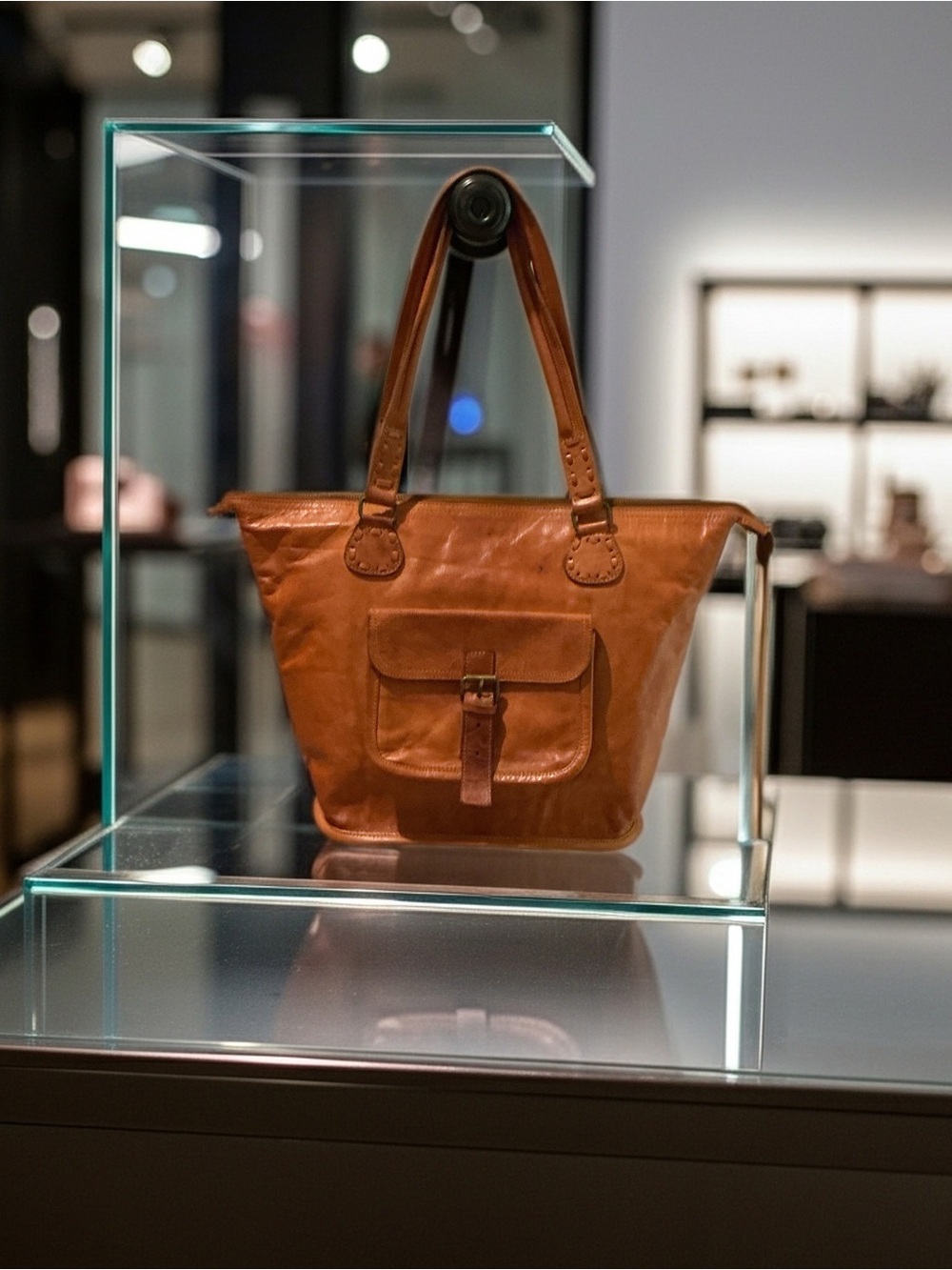 Noonday Collection Cognac Leather Tote Bag Front Buckle Pocket Artisan Made